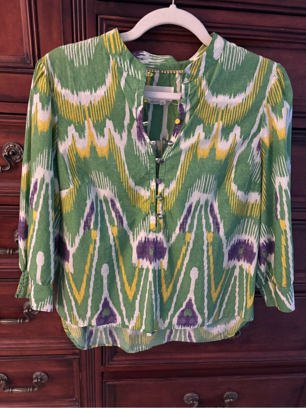 Anthropologie Green Ikat Notch-Neck Blouse with Yellow & Purple Accents